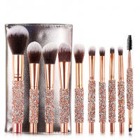 Rose golden Glitter Handle 10pcs crystal diamond foundation brush set with PU bag makeup brushes